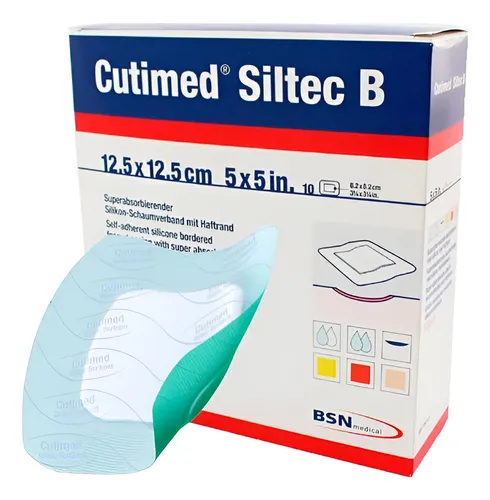 APOSITO DE ESPUMA TRILAMINAR SUPERABSORBENTE CON LÁMINA Y BORDES ADHESIVOS DE SILICONA “CUTIMED SILTEC B” ESSITY / 12.5 X 12.5CM / CAJA 10 APOSITOS