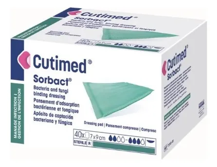APOSITO ANTIMICROBIANO IMPREGNADO EN DACC “CUTIMED SORBACT” ESSITY / 7 X 9CM / CAJA 40 APOSITOS