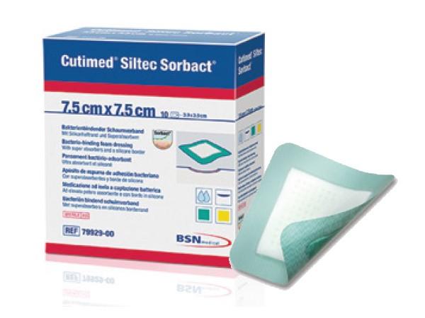 APOSITO DE ESPUMA TRILAMINAR ANTIMICROBIANA CON DACC Y BORDES DE SILICONA "CUTIMED SILTEC SORBACT" ESSITY / 7.5 X 7.5CM / CAJA 10 APOSITOS