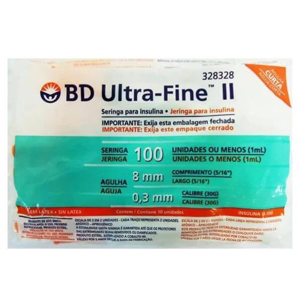 Jeringa Insulina BD Ultra Fine 1ml 100UI Aguja 30Gx8mm Bolsa 10 Unidades