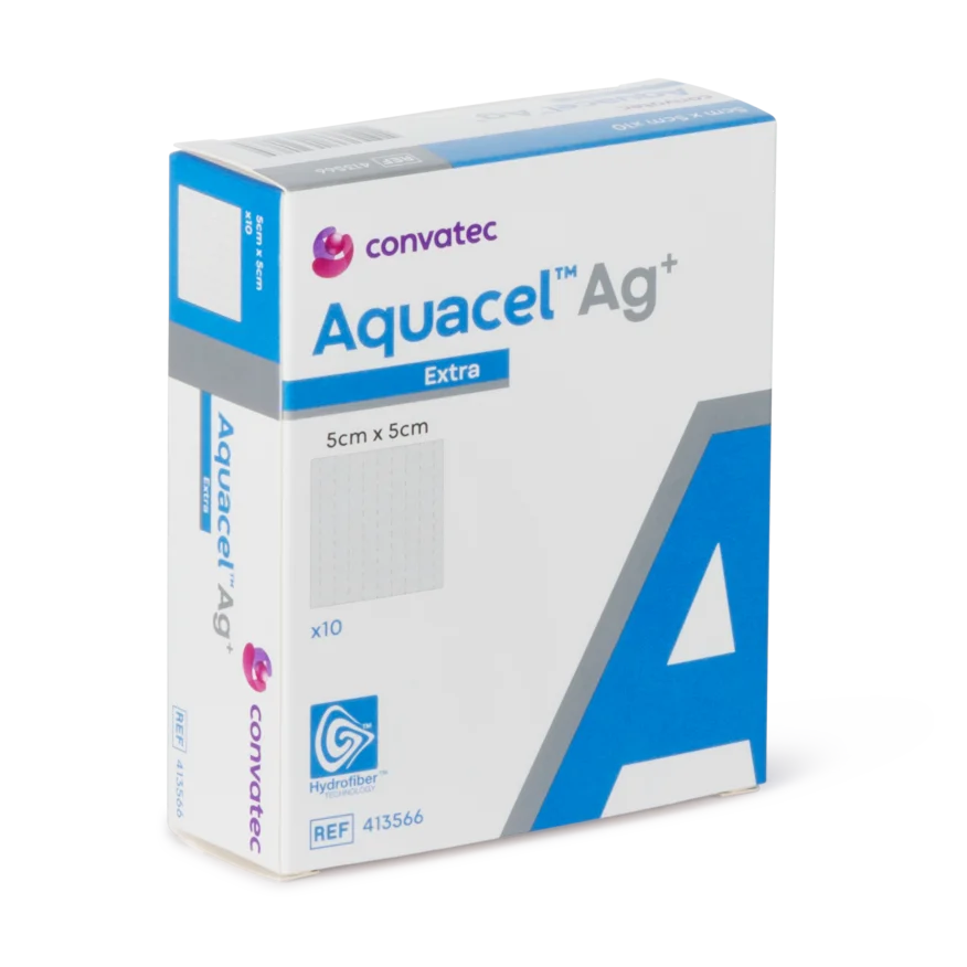 APOSITO DE HIDROFIBRA 100% CARBOXIMETILCELULOSA CON PLATA IONICA "AQUACEL AG+®EXTRA" CONVATEC / 10 X 10CM / CAJA X 10 UNIDADES